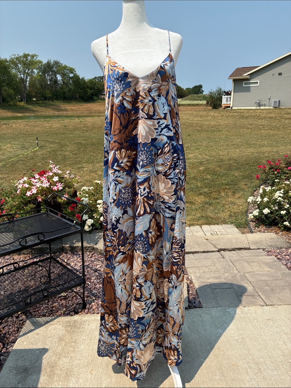 Tahari Floral Maxi Dress in Blue and Brown XS
